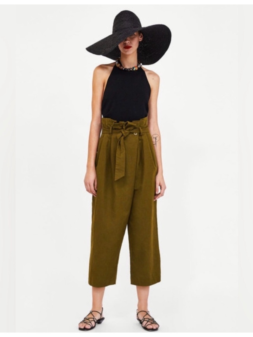 Zara Olive Paperbag Tie-Waist Cropped Pants